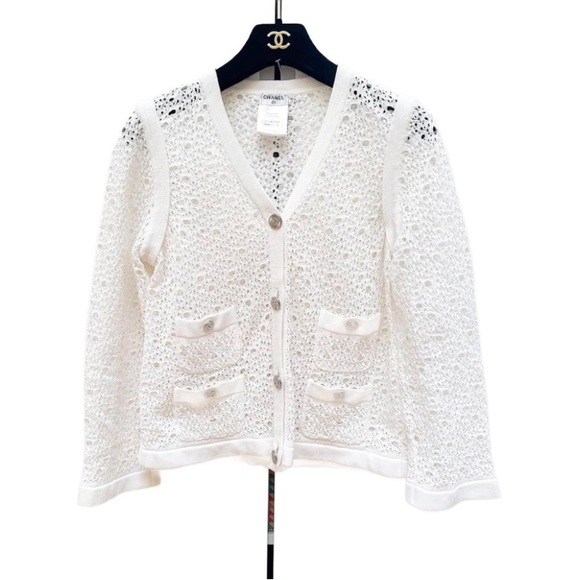CHANEL Tops - CHANEL 2011 Spring Open Crochet Knit Cardigan Jacket White